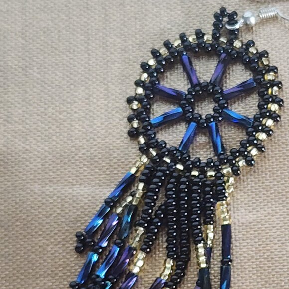 Handmade Beaded Chandelier Shepard's Hook Earrings Black Iridescent and Gold 4" - Picture 14 of 16